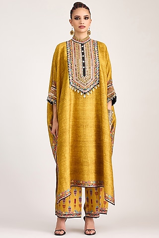 Mustard Silk Dupion Printed & Embroidered Boxy Kaftan by Rajdeep Ranawat