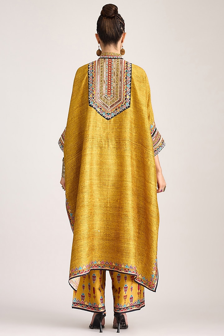 Mustard Silk Dupion Printed & Embroidered Boxy Kaftan by Rajdeep Ranawat at Pernia's Pop Up Shop
