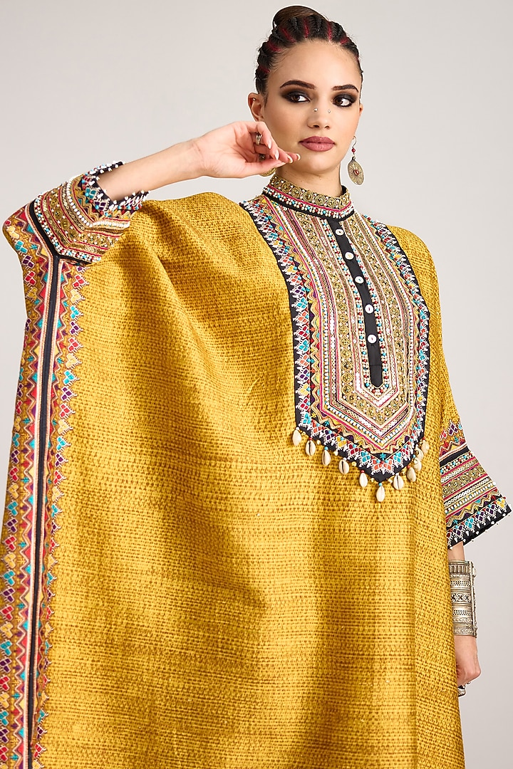 Mustard Silk Dupion Printed & Embroidered Boxy Kaftan by Rajdeep Ranawat at Pernia's Pop Up Shop