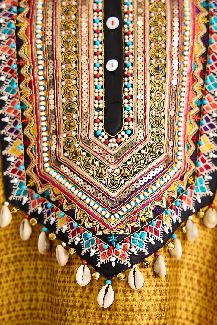Mustard Silk Dupion Printed & Embroidered Boxy Kaftan by Rajdeep Ranawat at Pernia's Pop Up Shop