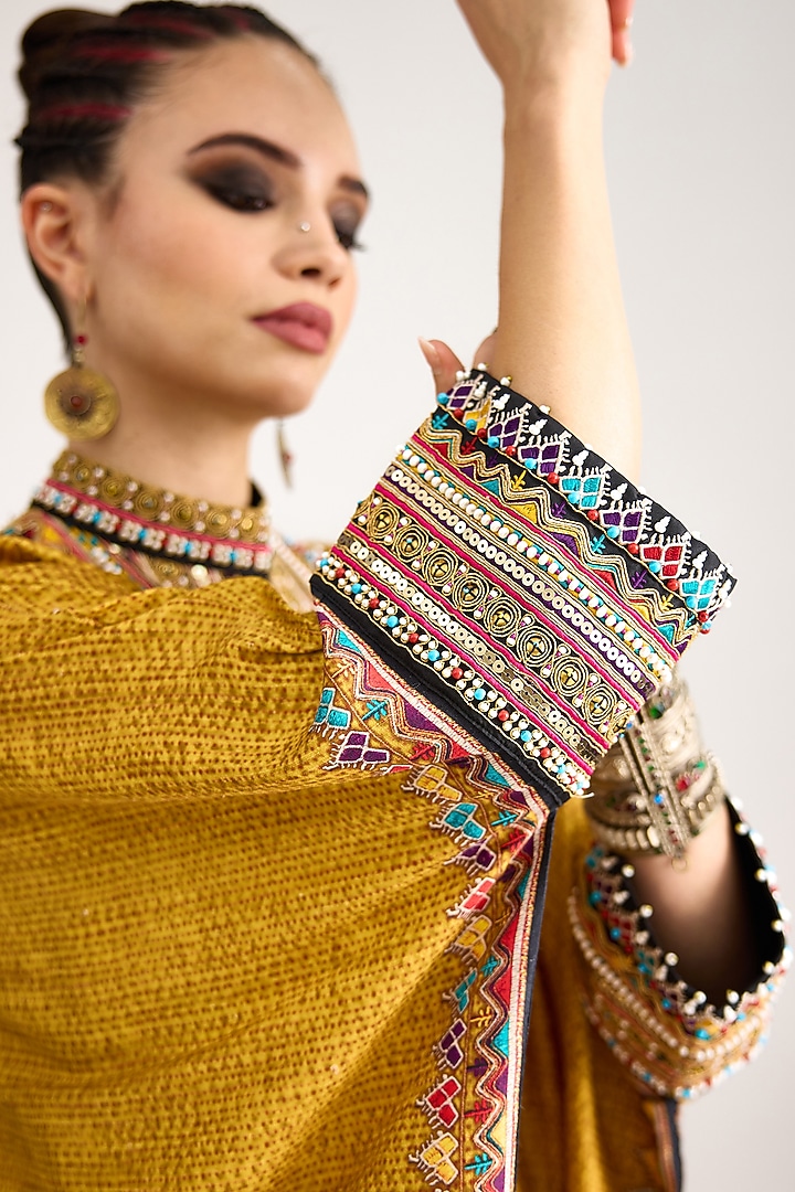 Mustard Silk Dupion Printed & Embroidered Boxy Kaftan by Rajdeep Ranawat at Pernia's Pop Up Shop