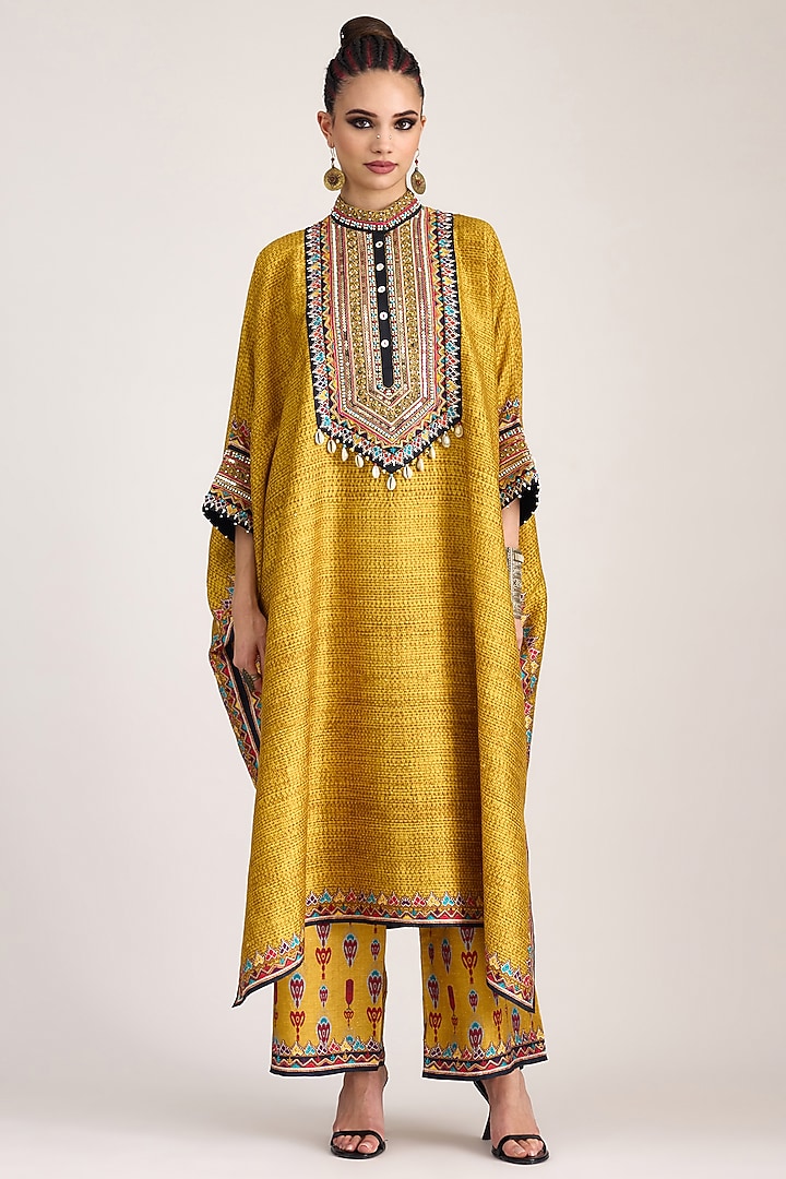 Mustard Silk Dupion Printed Pants by Rajdeep Ranawat at Pernia's Pop Up Shop