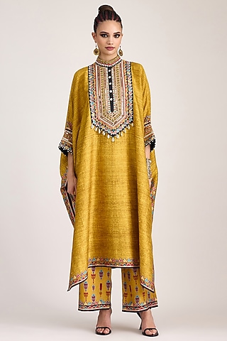 Mustard Silk Dupion Printed Pants by Rajdeep Ranawat
