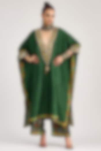 Emerald Green Silk Dupion Printed Pants by Rajdeep Ranawat at Pernia's Pop Up Shop