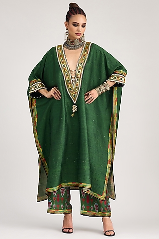 Emerald Green Silk Dupion Printed Pants by Rajdeep Ranawat