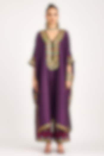 Purple Silk Dupion Embroidered V-Neck Boxy Kaftan by Rajdeep Ranawat at Pernia's Pop Up Shop