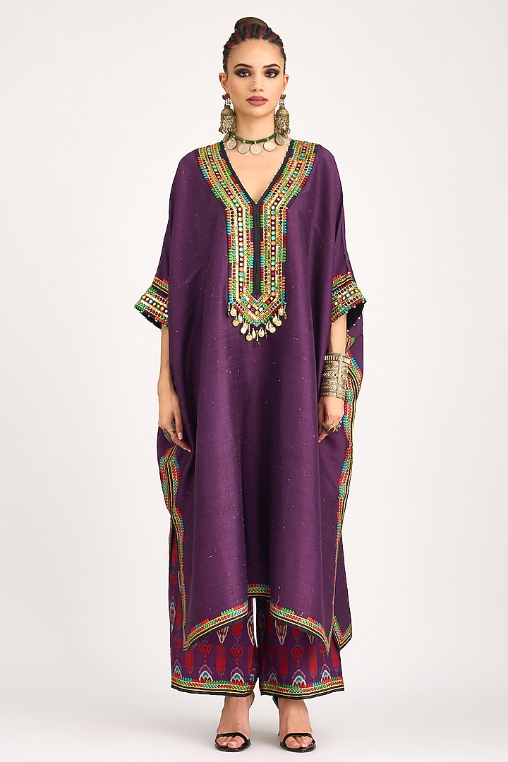 Purple Silk Dupion Embroidered V-Neck Boxy Kaftan by Rajdeep Ranawat at Pernia's Pop Up Shop
