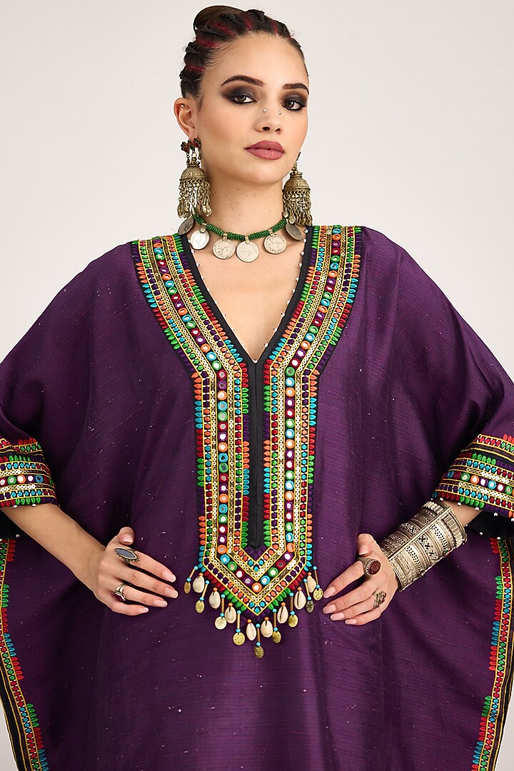 Purple Silk Dupion Embroidered V-Neck Boxy Kaftan by Rajdeep Ranawat at Pernia's Pop Up Shop