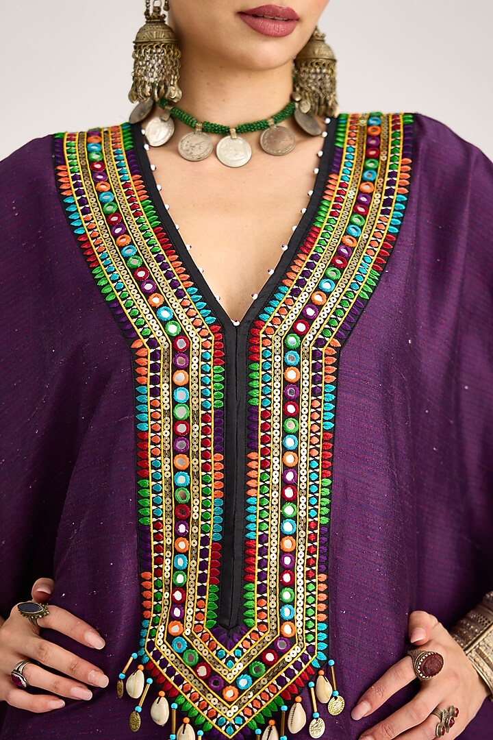 Purple Silk Dupion Embroidered V-Neck Boxy Kaftan by Rajdeep Ranawat at Pernia's Pop Up Shop