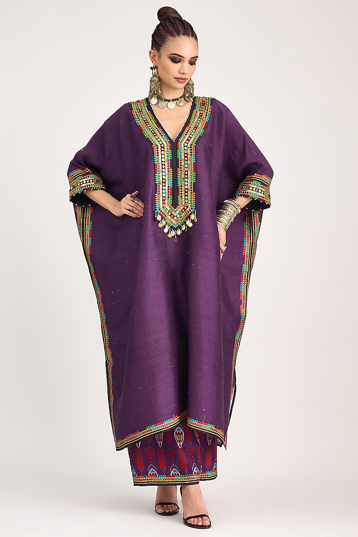 Purple Silk Dupion Embroidered V-Neck Boxy Kaftan by Rajdeep Ranawat at Pernia's Pop Up Shop