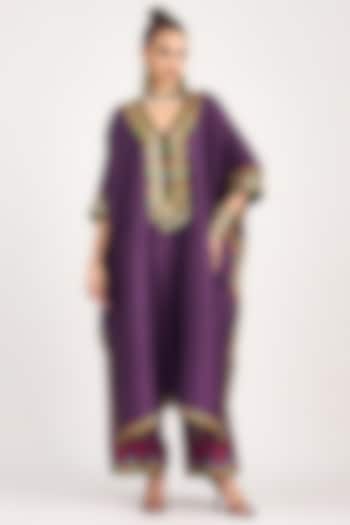 Purple Silk Dupion Printed Pants by Rajdeep Ranawat at Pernia's Pop Up Shop