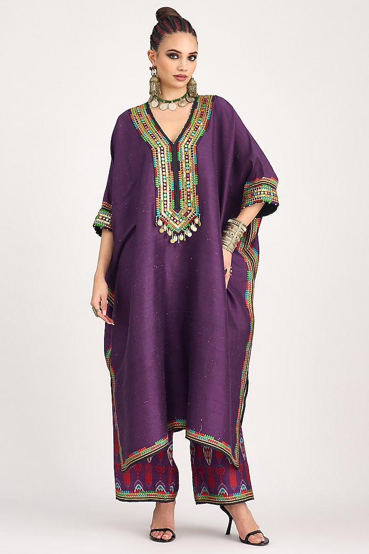 Purple Silk Dupion Printed Pants by Rajdeep Ranawat at Pernia's Pop Up Shop