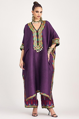 Purple Silk Dupion Printed Pants by Rajdeep Ranawat