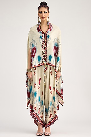 Eggshell White Silk Dupion Printed Cape by Rajdeep Ranawat