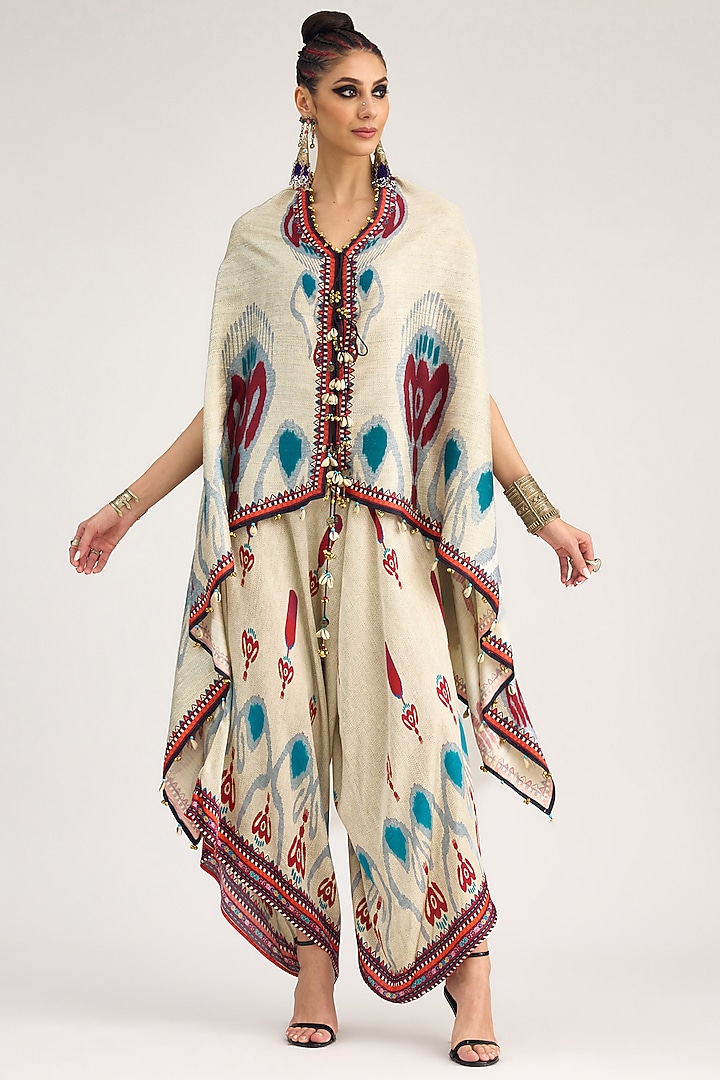 Eggshell White Silk Dupion Printed Cape by Rajdeep Ranawat at Pernia's Pop Up Shop