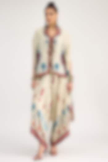 Eggshell White Modal Satin Printed Pants by Rajdeep Ranawat at Pernia's Pop Up Shop