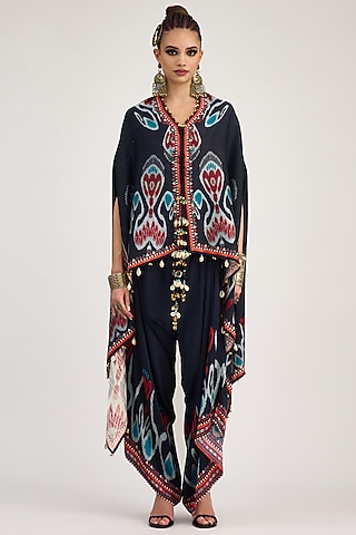 Black Silk Dupion Printed Cape by Rajdeep Ranawat