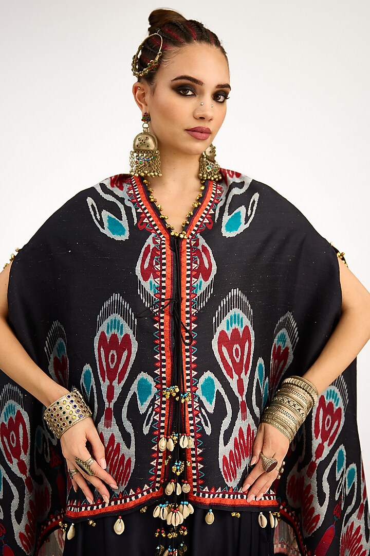 Black Silk Dupion Printed Cape by Rajdeep Ranawat at Pernia's Pop Up Shop