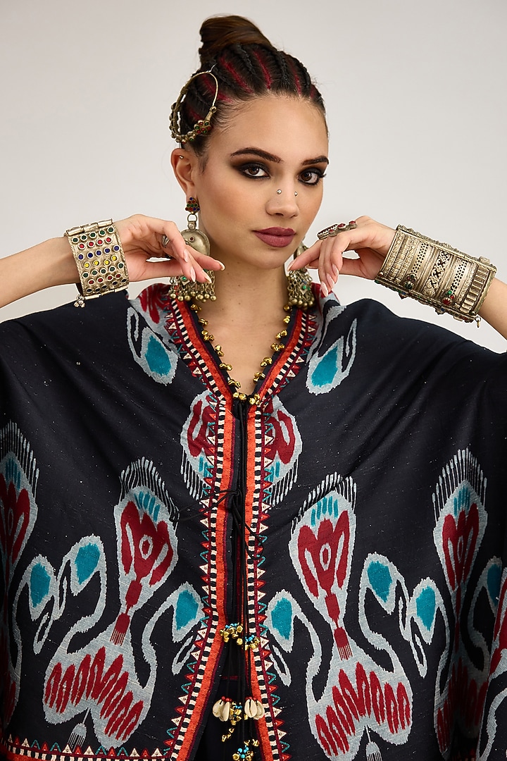 Black Silk Dupion Printed Cape by Rajdeep Ranawat at Pernia's Pop Up Shop