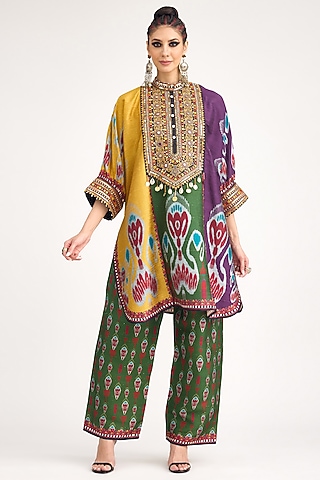 Multi-Colored Silk Dupion Printed Pants by Rajdeep Ranawat