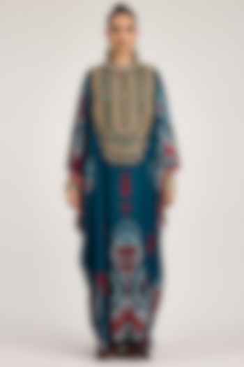 Turquoise Bemberg Crepe Embroidered Boxy Kaftan by Rajdeep Ranawat at Pernia's Pop Up Shop
