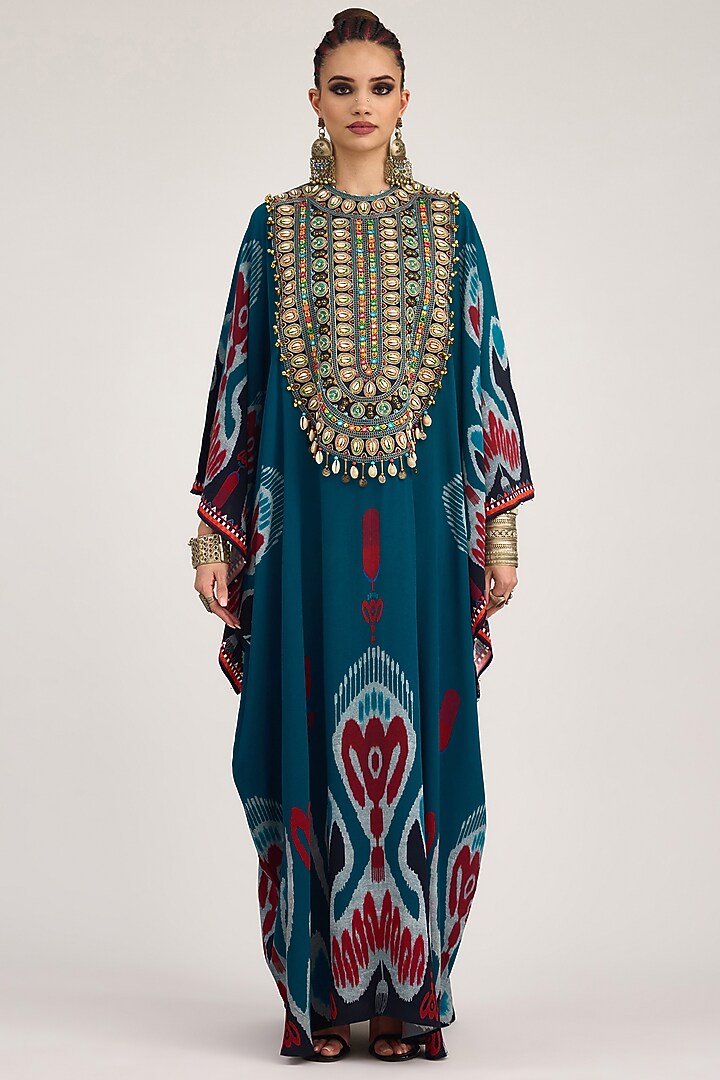 Turquoise Bemberg Crepe Embroidered Boxy Kaftan by Rajdeep Ranawat at Pernia's Pop Up Shop
