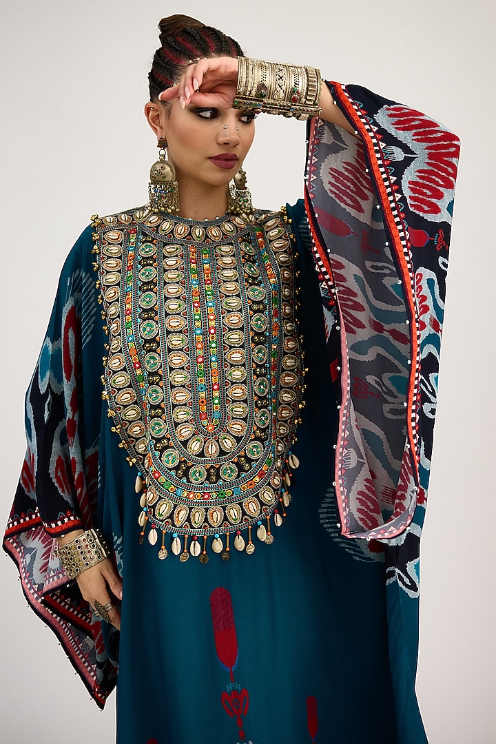Turquoise Bemberg Crepe Embroidered Boxy Kaftan by Rajdeep Ranawat at Pernia's Pop Up Shop