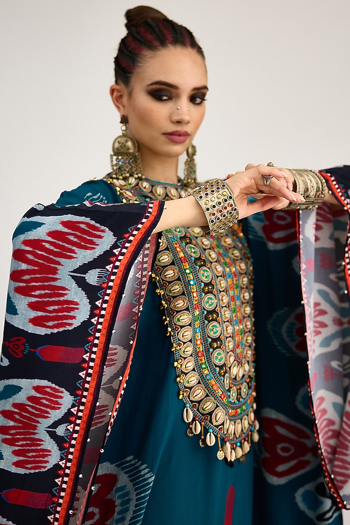 Turquoise Bemberg Crepe Embroidered Boxy Kaftan by Rajdeep Ranawat at Pernia's Pop Up Shop