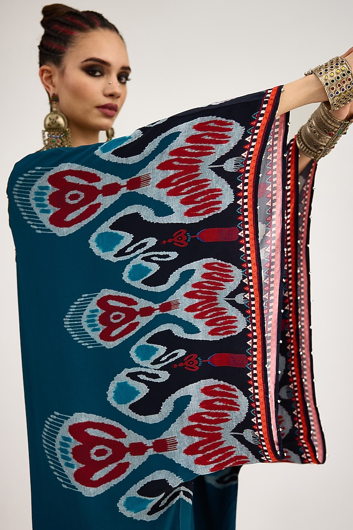 Turquoise Bemberg Crepe Embroidered Boxy Kaftan by Rajdeep Ranawat at Pernia's Pop Up Shop