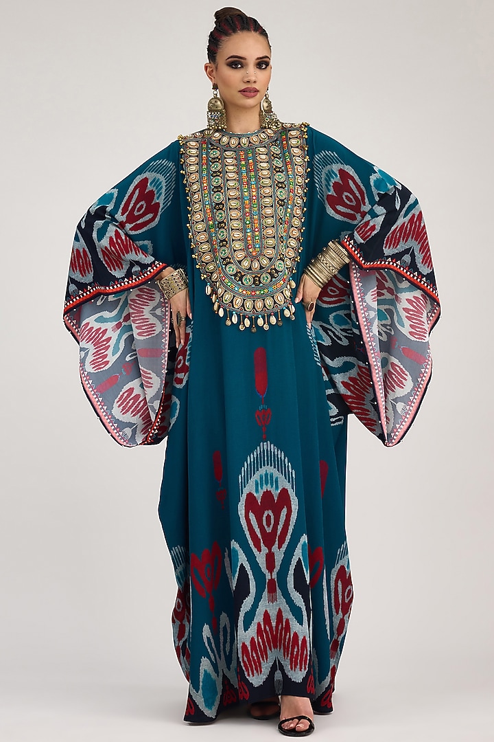 Turquoise Bemberg Crepe Embroidered Boxy Kaftan by Rajdeep Ranawat at Pernia's Pop Up Shop