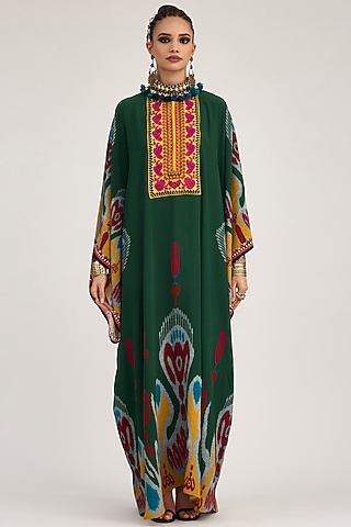 Emerald Green Bemberg Crepe Embroidered Boxy Kaftan by Rajdeep Ranawat