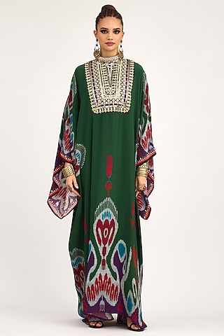 Emerald Green Bemberg Crepe Embroidered Boxy Kaftan by Rajdeep Ranawat