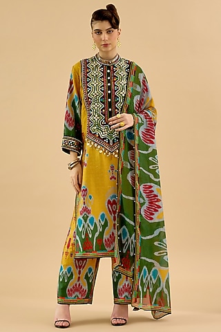 Multi-Colored Silk Dupion Printed Kurta Set by Rajdeep Ranawat