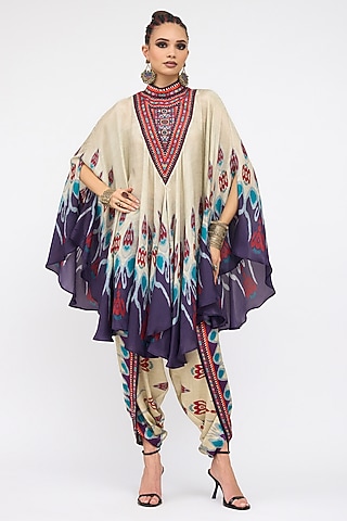 Multi-Colored Silk Printed Draped Circular Dress by Rajdeep Ranawat