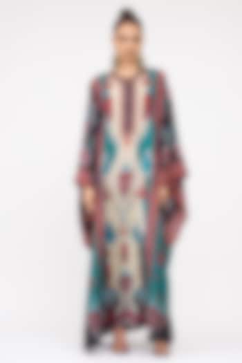 Eggshell White & Turquoise Silk Printed Boxy Kaftan by Rajdeep Ranawat at Pernia's Pop Up Shop