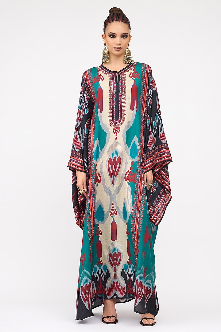 Eggshell White & Turquoise Silk Printed Boxy Kaftan by Rajdeep Ranawat at Pernia's Pop Up Shop