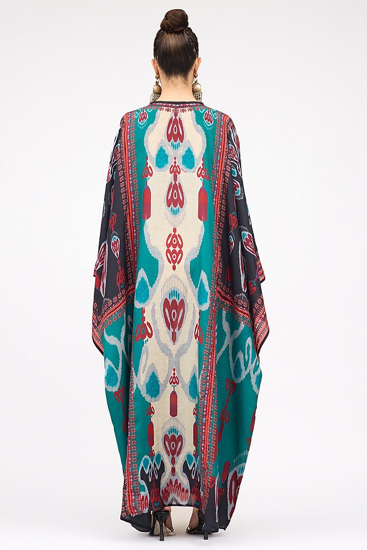 Eggshell White & Turquoise Silk Printed Boxy Kaftan by Rajdeep Ranawat at Pernia's Pop Up Shop