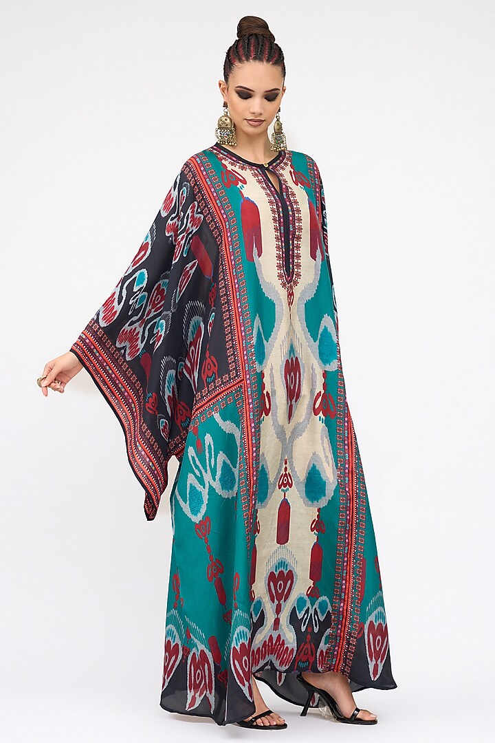 Eggshell White & Turquoise Silk Printed Boxy Kaftan by Rajdeep Ranawat at Pernia's Pop Up Shop