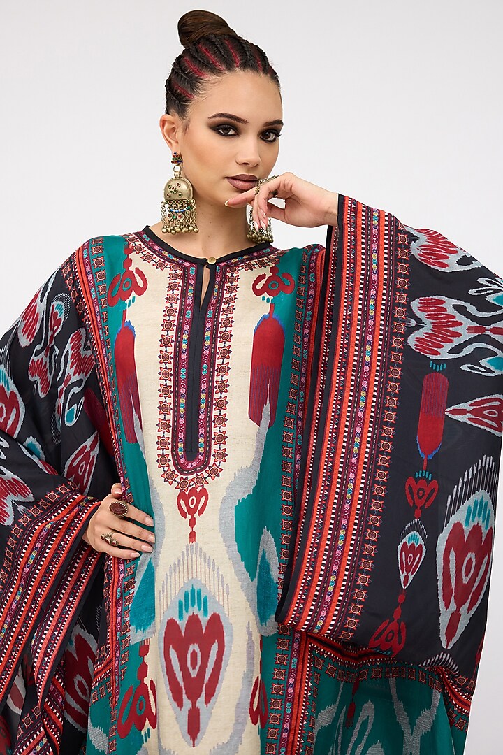 Eggshell White & Turquoise Silk Printed Boxy Kaftan by Rajdeep Ranawat at Pernia's Pop Up Shop