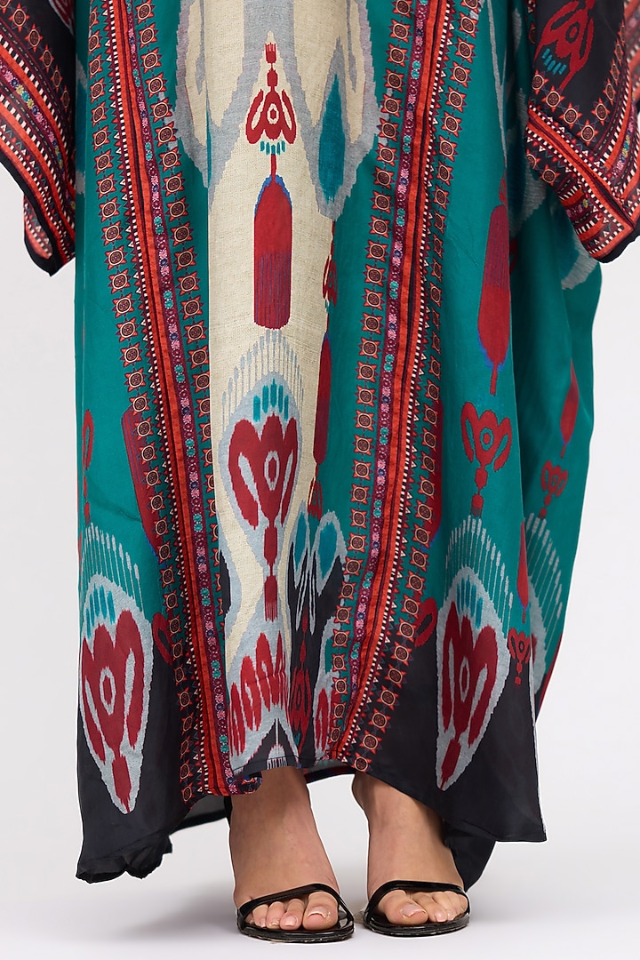 Eggshell White & Turquoise Silk Printed Boxy Kaftan by Rajdeep Ranawat at Pernia's Pop Up Shop