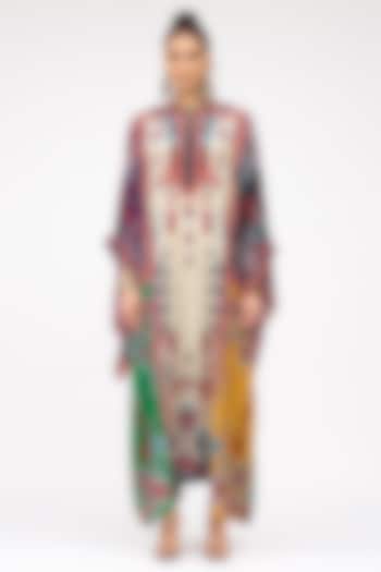 Eggshell White & Turquoise Silk Printed Boxy Kaftan by Rajdeep Ranawat at Pernia's Pop Up Shop
