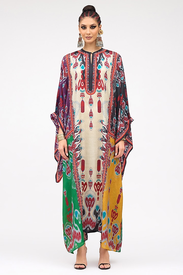 Eggshell White & Turquoise Silk Printed Boxy Kaftan by Rajdeep Ranawat at Pernia's Pop Up Shop