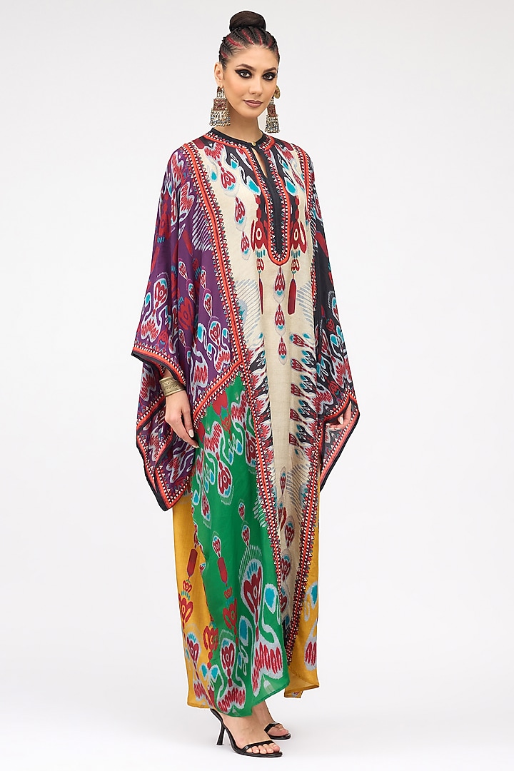 Eggshell White & Turquoise Silk Printed Boxy Kaftan by Rajdeep Ranawat at Pernia's Pop Up Shop