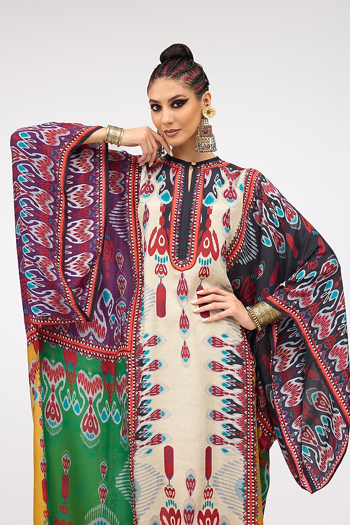 Eggshell White & Turquoise Silk Printed Boxy Kaftan by Rajdeep Ranawat at Pernia's Pop Up Shop
