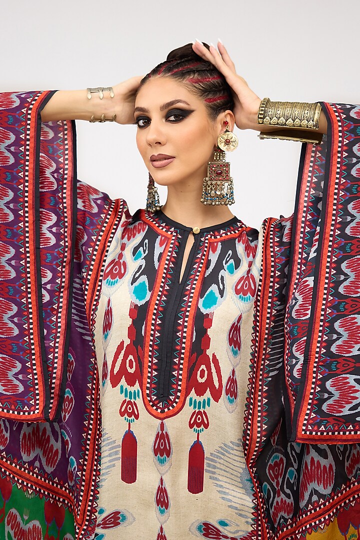 Eggshell White & Turquoise Silk Printed Boxy Kaftan by Rajdeep Ranawat at Pernia's Pop Up Shop
