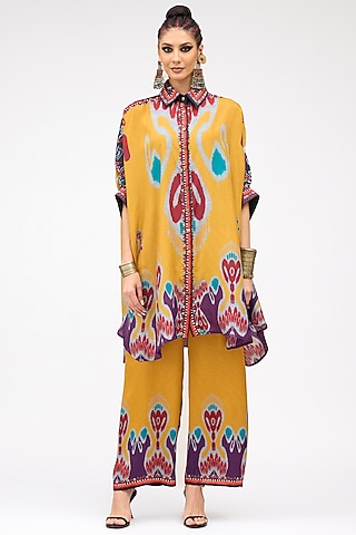 Mustard Silk Circular Gathered Shirt by Rajdeep Ranawat