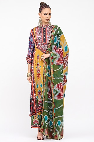 Mustard Silk Chiffon Printed Dupatta by Rajdeep Ranawat