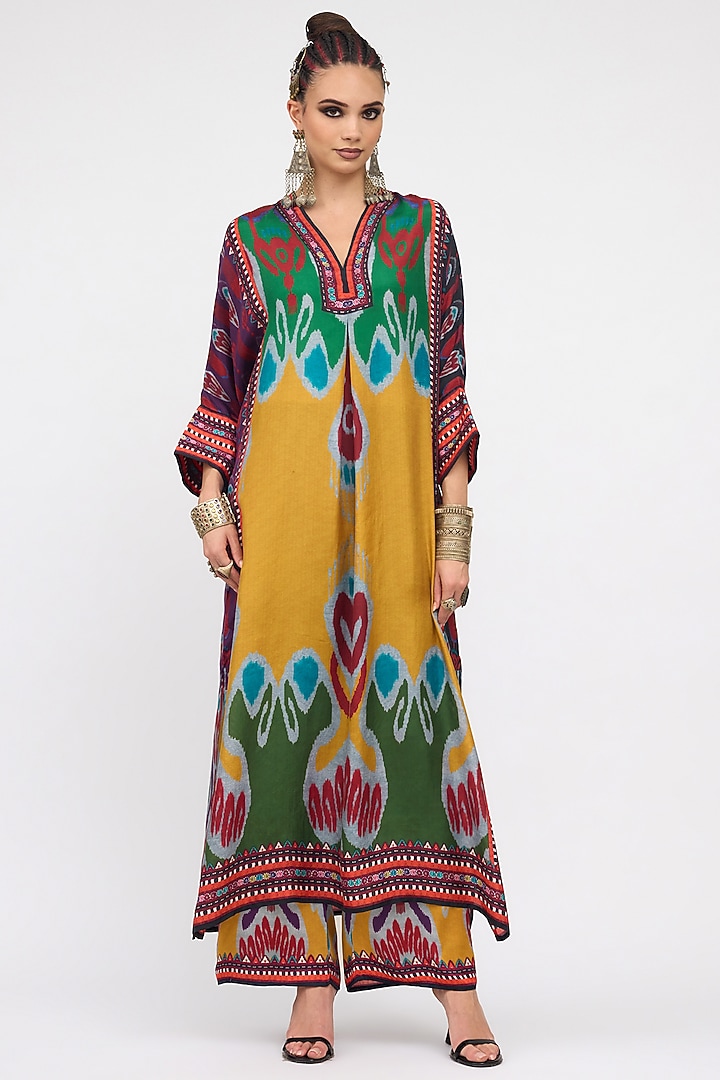 Mustard Silk Printed Kimono Tunic by Rajdeep Ranawat at Pernia's Pop Up Shop