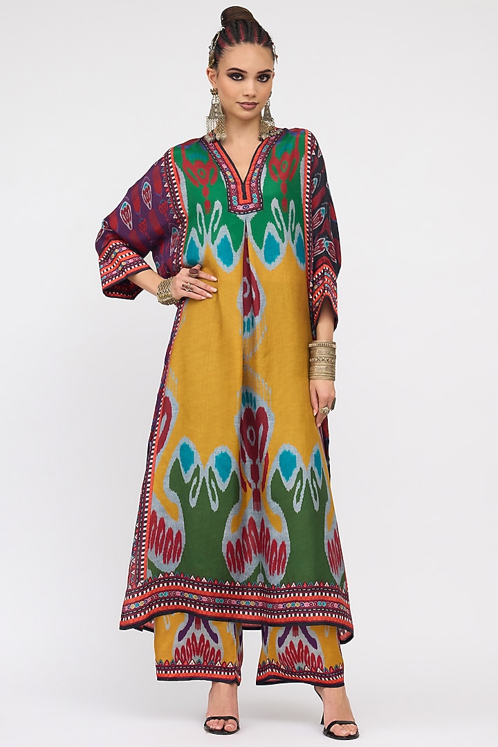 Mustard Silk Printed Kimono Tunic by Rajdeep Ranawat at Pernia's Pop Up Shop