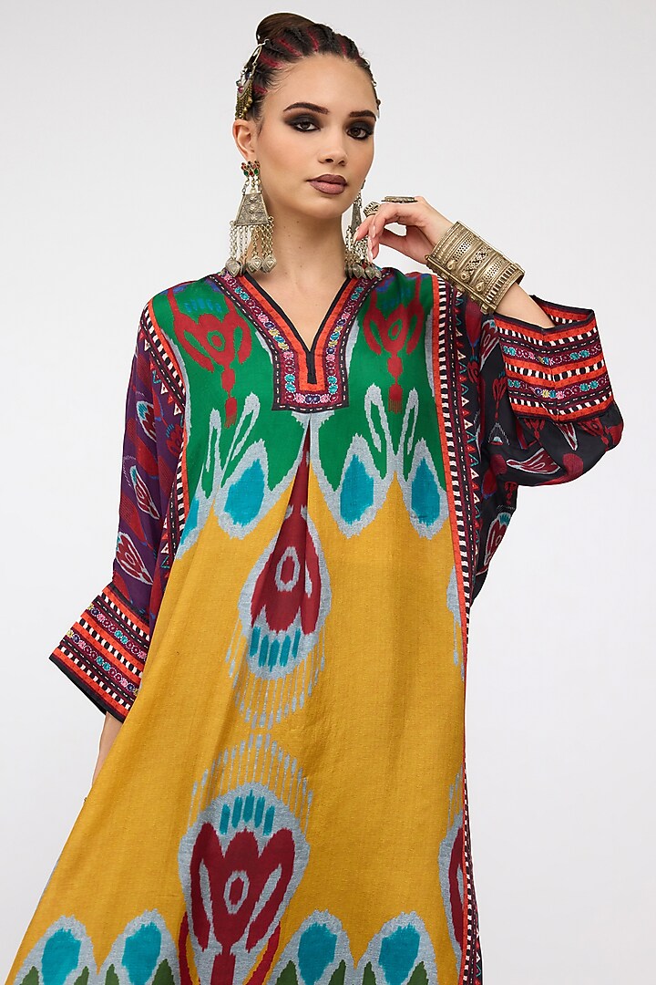 Mustard Silk Printed Kimono Tunic by Rajdeep Ranawat at Pernia's Pop Up Shop